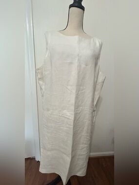 VTG Talbots Womens 20 Irish Linen Sheath Dress white Ivory Sleeveless Shift Midi